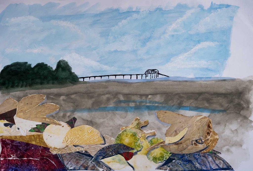 Collage artwork with Bembridge Lifeboat Station in the distance. Shoreline in the foreground made from a layered collage of leaf prints