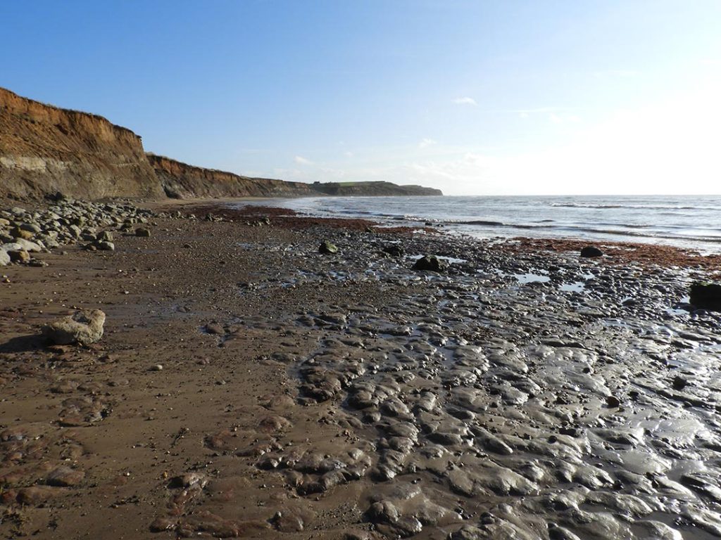 Low tide showing rock formations on the ground, dramatic cliffs in the background and a clear blue sky