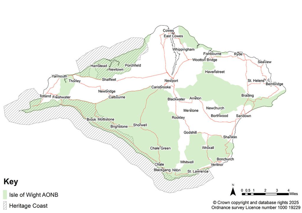 Isle of Wight AONB Landscape and Heritage Coast designation map. AONB designation shaded light green. Heritage Coast hatched area.
