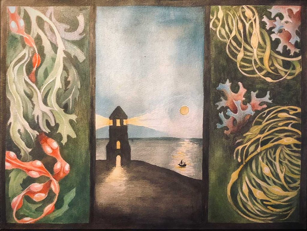 Three panel painting on paper. Night scene of medieval lighthouse in the centre, illustrations of various seaweed species either side