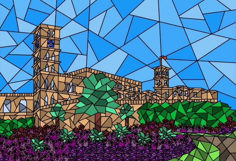 Illustration of Osborne House in a geometric style, blue sky, house in brown tone, flowers in purple and shrubbery in green