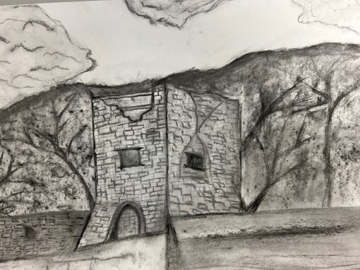 Charcoal drawing of a castle gateway ruin. Trees and branches in the background