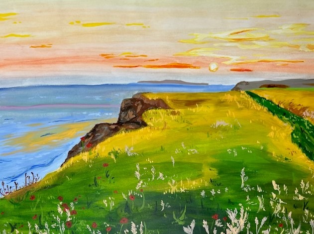 Painting of the view over a bright green grassy cliff with wild flowers, blue sea, orange and yellow sky with a low sun