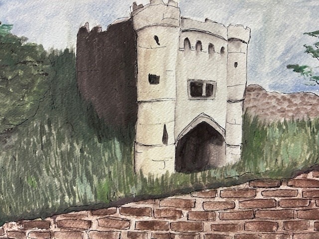Ink and watercolour sketch of Carisbrooke Castle surrounded by long grass