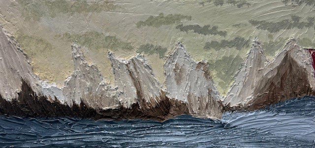 Artwork showing the view from the sea of the white chalk cliffs using thick layers of plaster to add texture. Blue sea, creamy sky and white cliffs