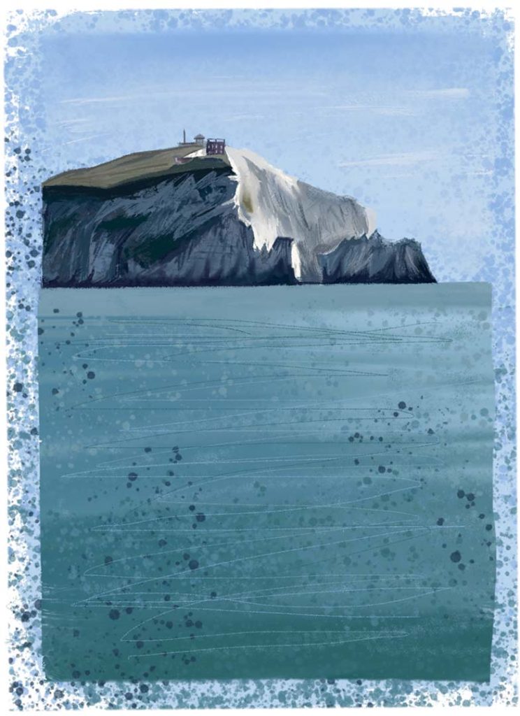 Illustration of the Needles Old Battery from the Sea, showing muted turquoise water, white chalk cliffs, battery in the distance