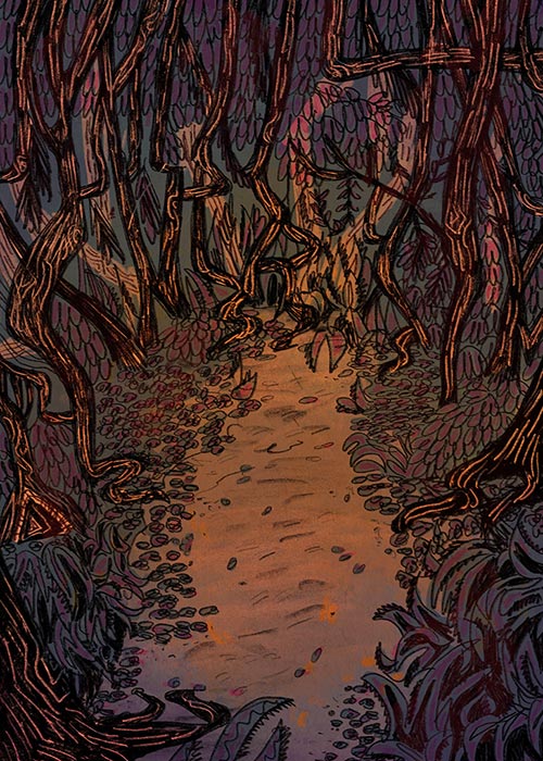 Illustration from deep inside the forest, tropical looking plants and undergrowth, warm but dim colours