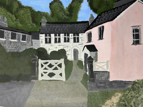 Painting of three cottage style houses in a courtyard with a white gate