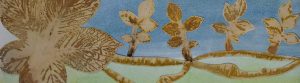 Landscape collage, painted blue sky and green fields with layered leaf prints as hedges and trees
