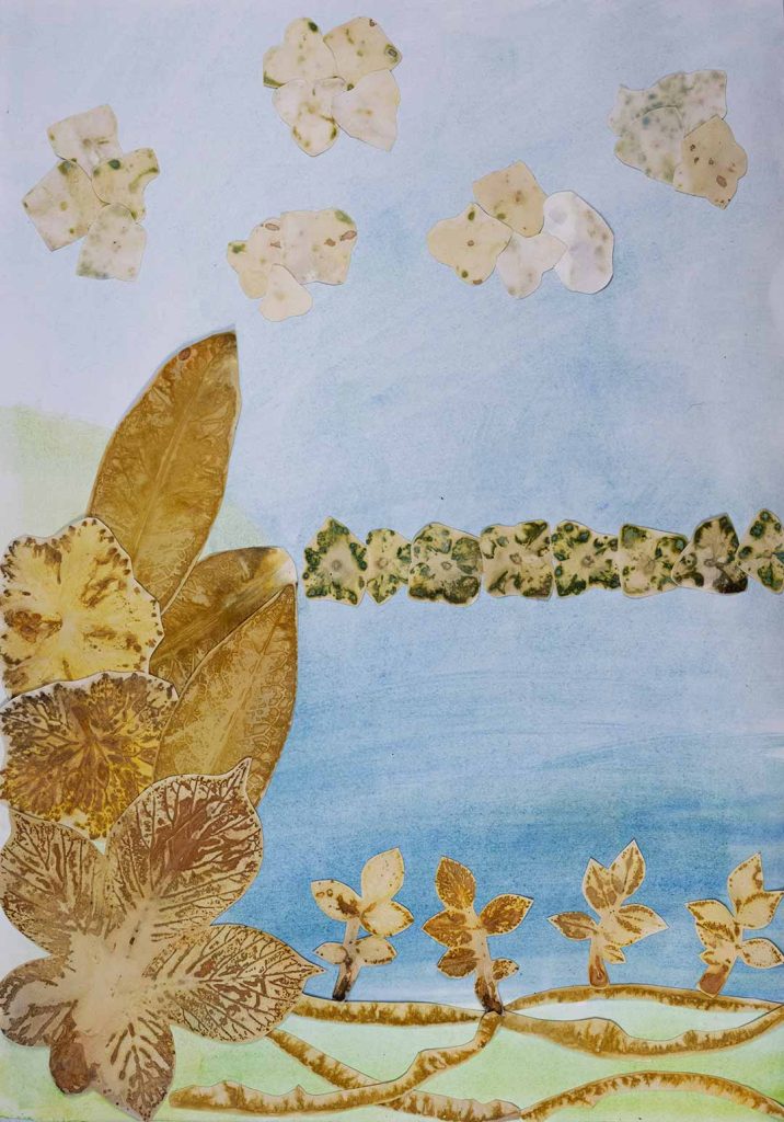Artistic collage with a painted blue background and trees and hedgerows made from printed leaf layers