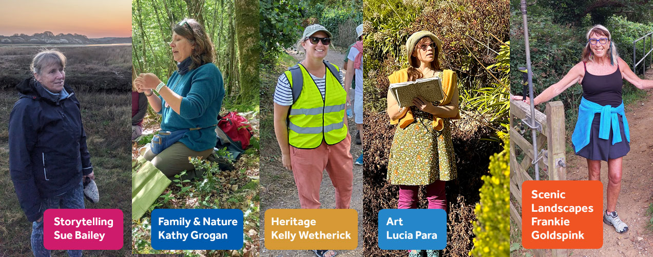 Photo of five walk leaders outdoors in the landscape, Sue Bailey, Kathy Grogan, Kelly Wetherick, Lucia Para, Frankie Goldspink