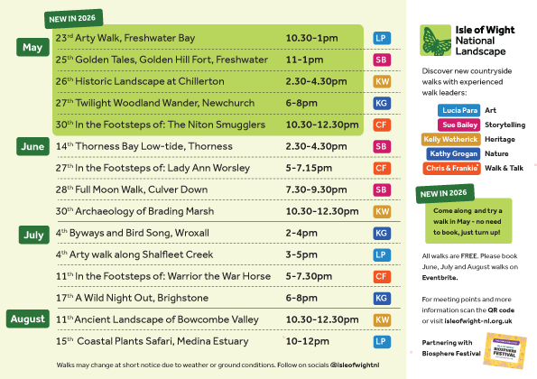 List of dates for the Isle of Wight National Landscape Summer Walks programme