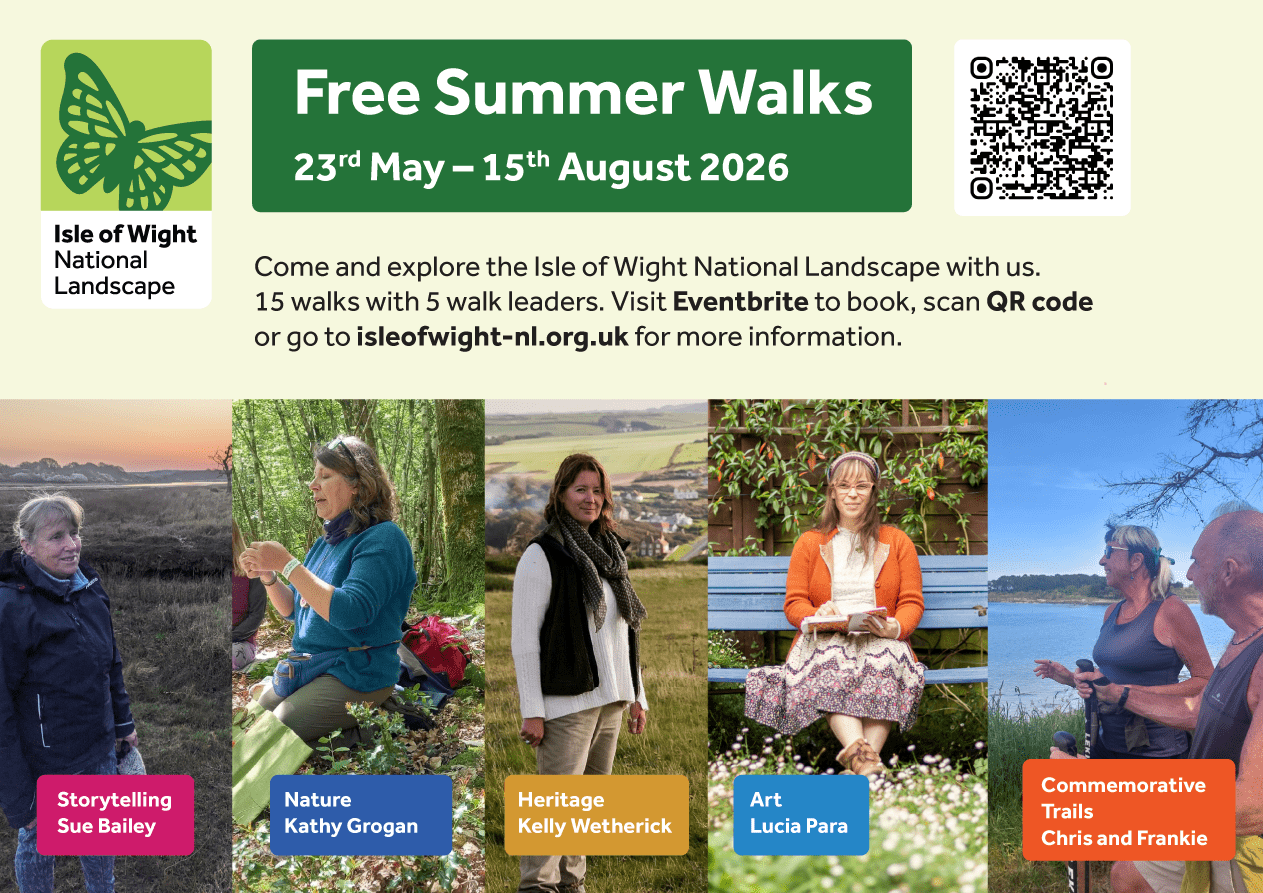 Isle of Wight National Landscape summer walks flyer with photo of walk leaders