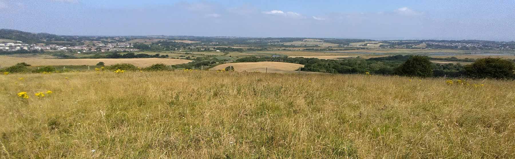 Dry grassy field with farmland and a pale blue sky in the background